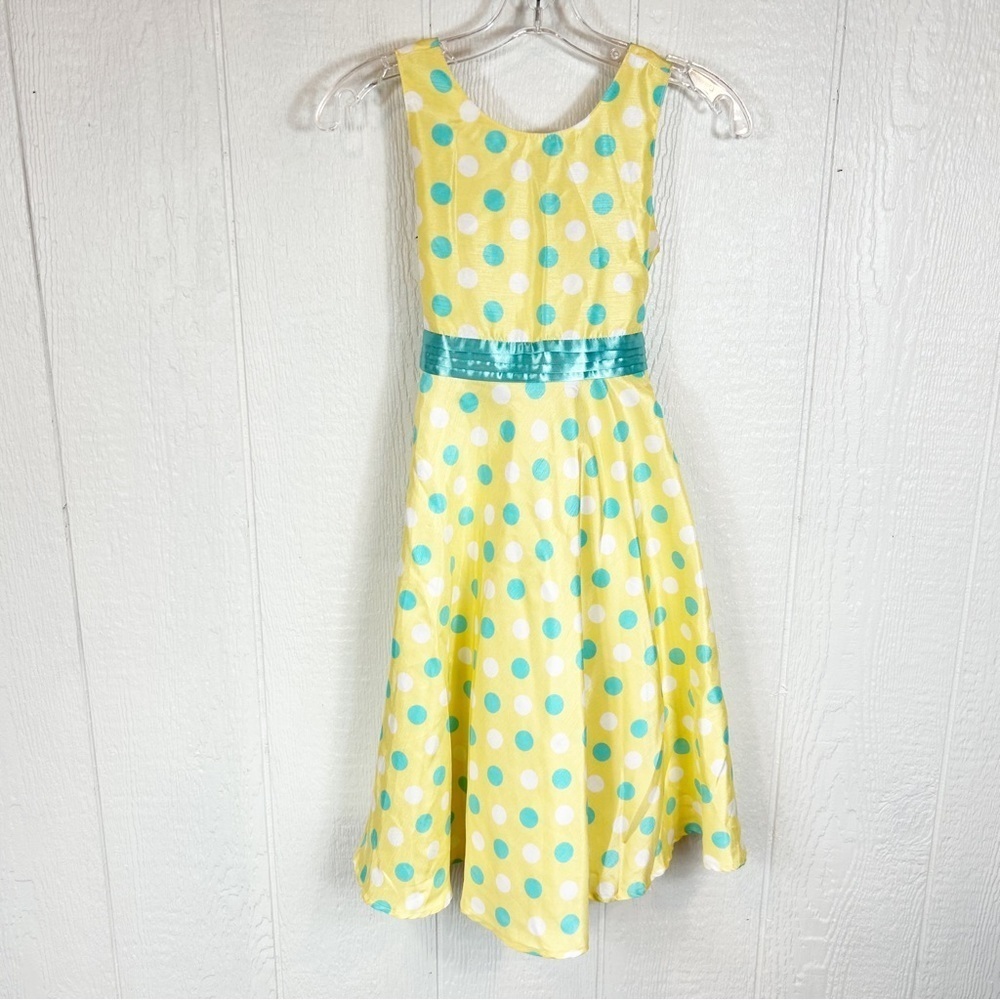 Girls Miss Attitude Yellow Teal Blue and White Polka Dot Dress Size 10